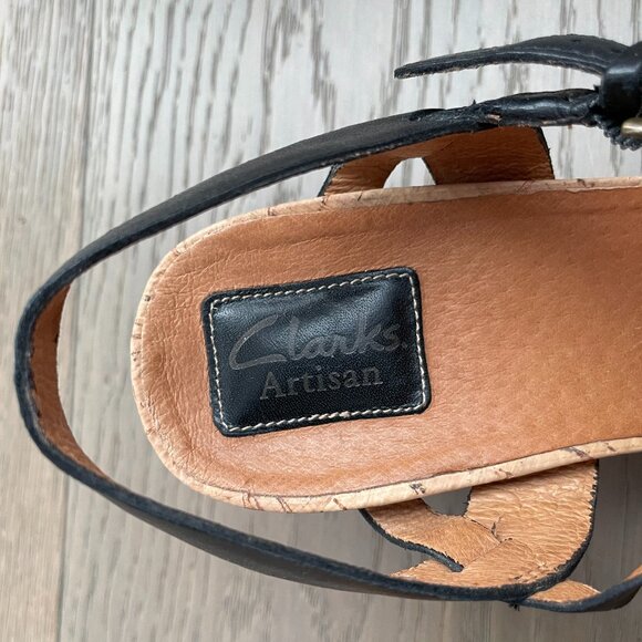 Clarks Artisan Active Air 3" Heel Wedge Leather Sandals Black + Tan Sz 8M - Picture 8 of 10